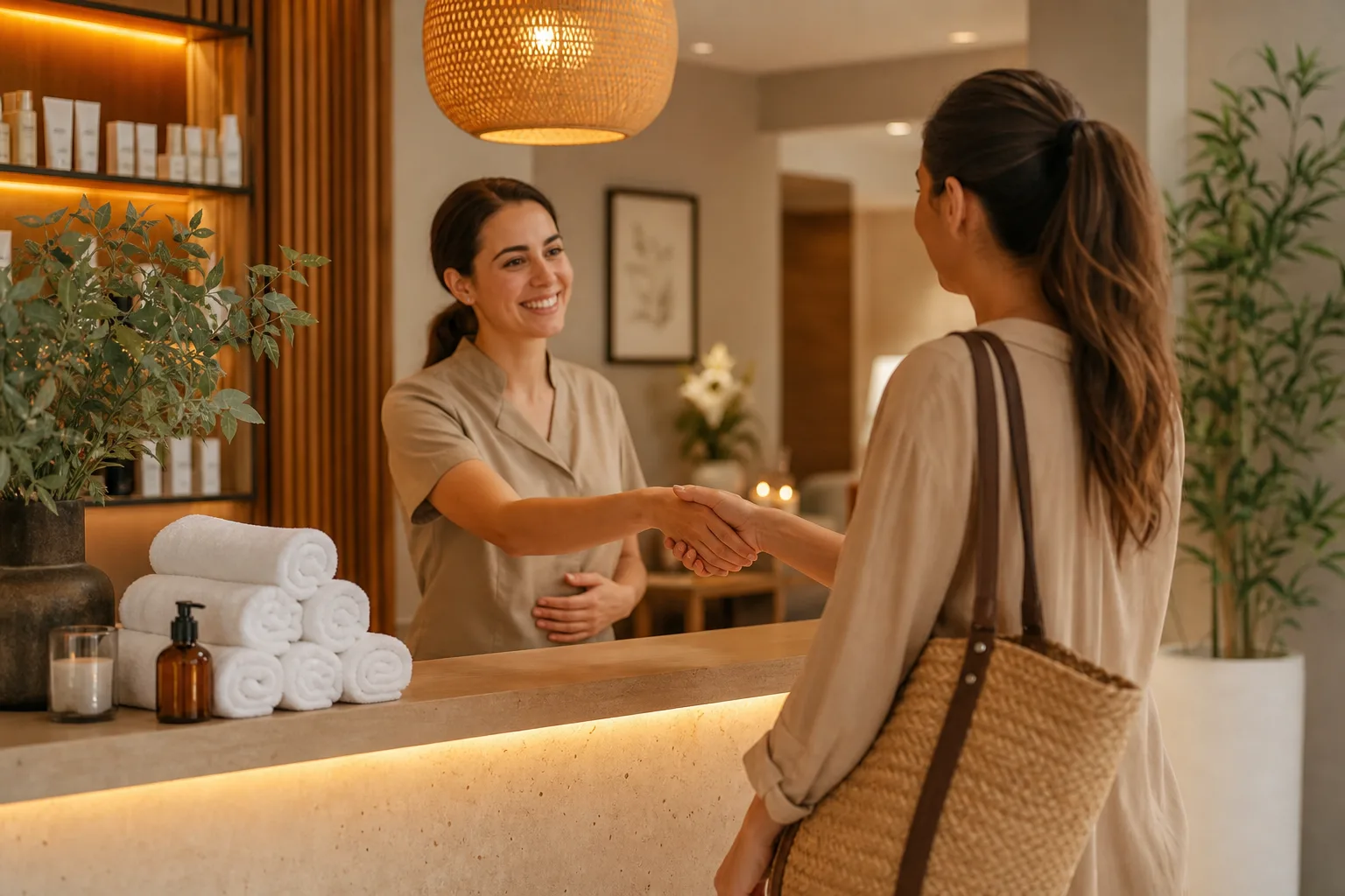 Recepcionista atendiendo a una clienta habitual en un centro estético